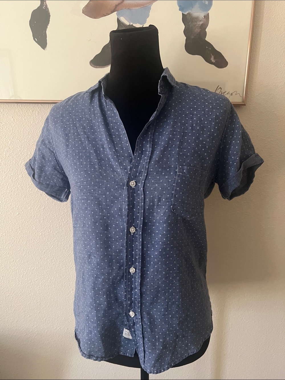 Frank & Eileen Linen Short Sleeved Button Down, Blue w/ White Polka Dots S Rose